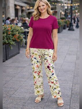 NWT Lands' End Cream Floral Print mid rise straight leg Pants size 12